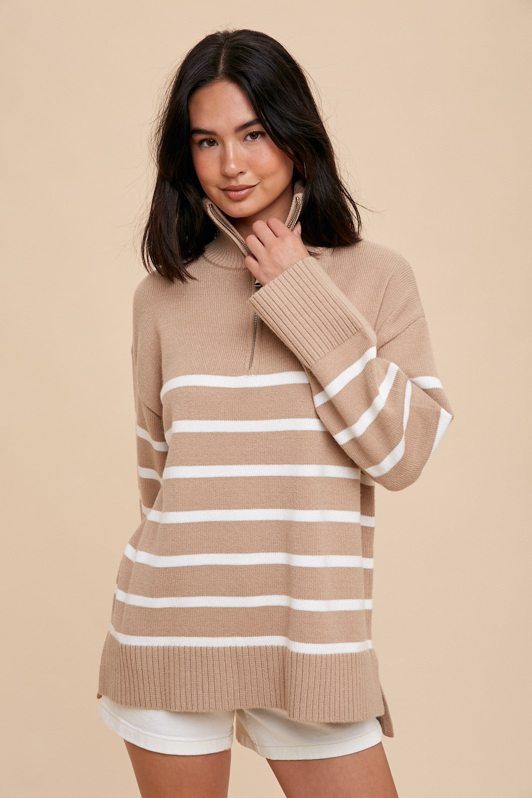 Beige Striped Zip Sweater