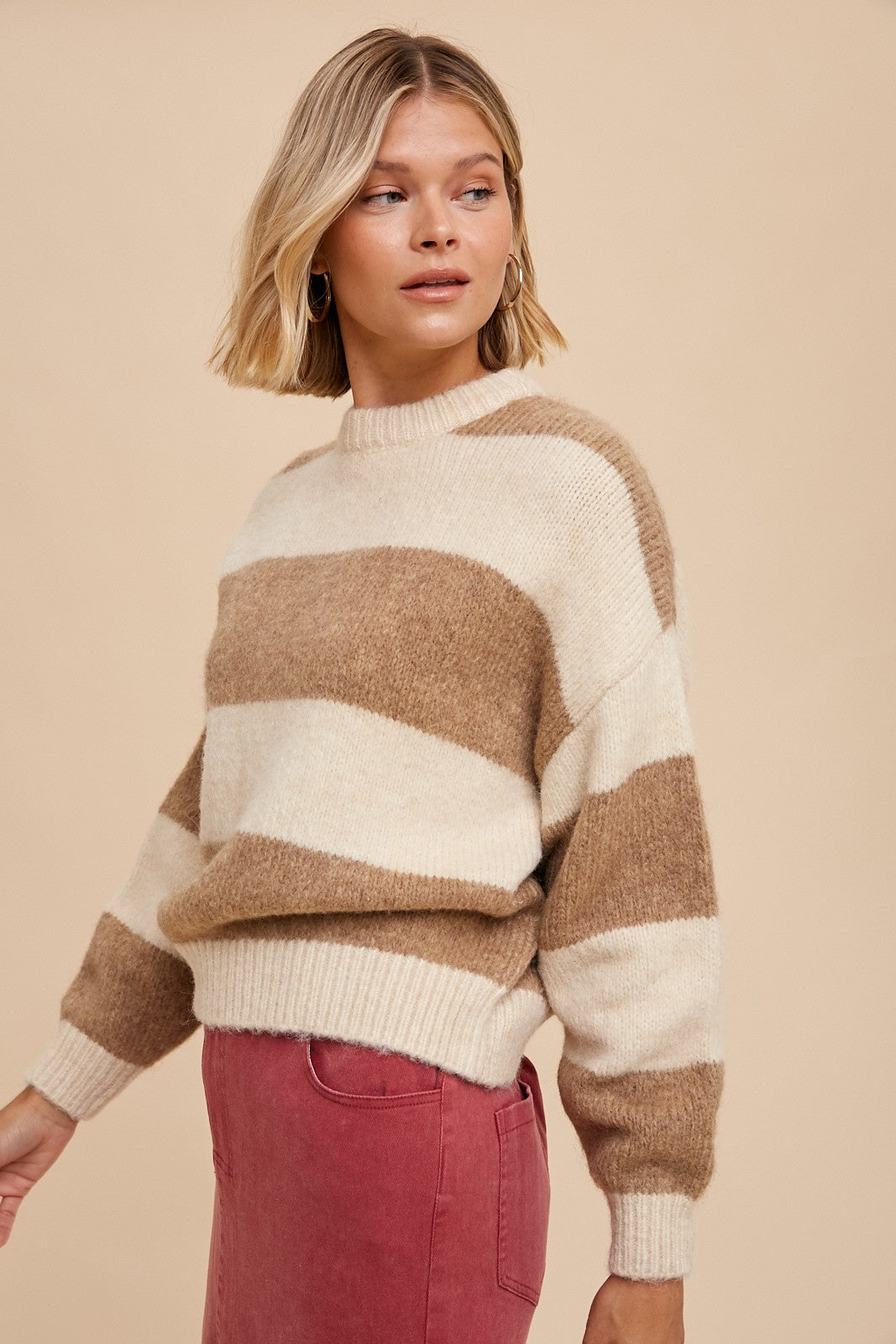 Taupe Striped Knitted Sweater